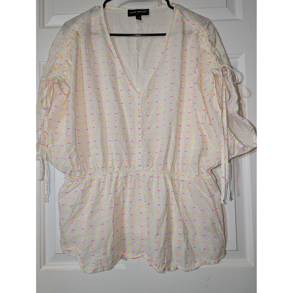 Lane Bryant Neon Clip Dot Peplum Top 14/16 Y2K Colorful with ruched sleeve ties